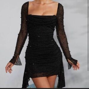 Oh Polly Tivoli long sleeve embellished cowl neck mini dress in black